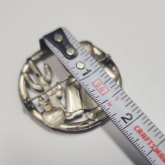 Vintage Sterling Silver Round Mexican Wanderer W/ Cactus Pin Brooch - Picture 6 of 6